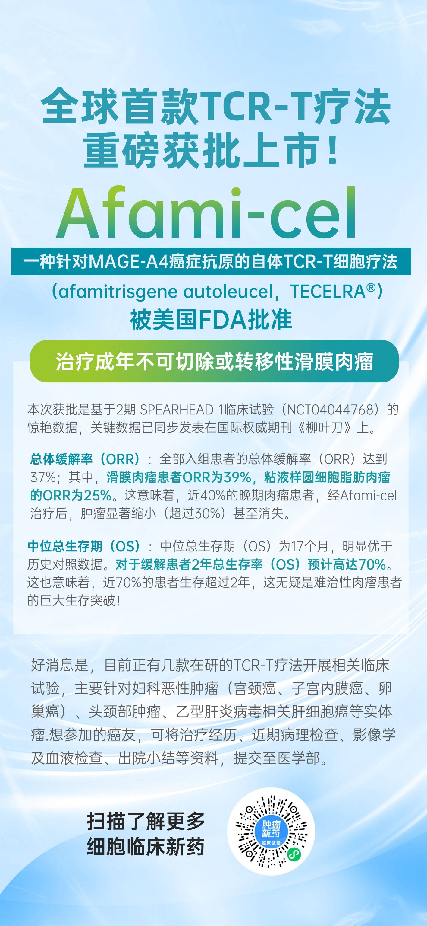 全球首款TCR-T疗法重磅获批上市！实体瘤患者有救了！ 实体瘤治疗领域迎来了一个重磅喜讯！一款名为“Afami-cel”的TCR-T产品获得 ...